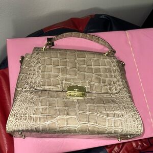 Brahmin alligator patent leather satchel with striped interior